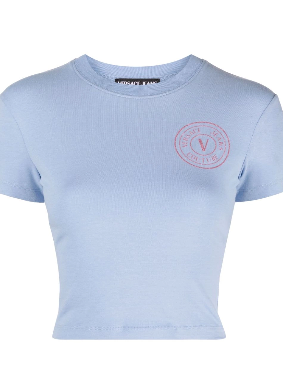 Cheap glitter-logo Jeans Couture Versace cropped cotton Women T-shirt 0728